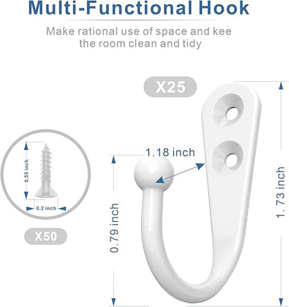 25PCS Wall Hooks | Hooks for Hanging | Wall Hooks for Hanging | Coat Hooks | Hooks for Hanging Heavy Duty | Wall Hangers with 50 Pieces Screws（White）