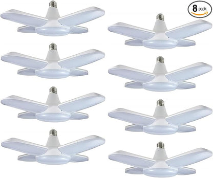 (8 Packs) LED Garage Lights, 60W Trilights Ceiling, High Low Bay Deformable Adjustable 4 Led Light Bulbs 6000LM 6000K, Screw in Tribright Garage Lighting Fixture,CRI80 Daylight