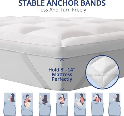 ELEMUSE 1300 GSM Overfilled Mattress Topper Queen with Baffle Box Design,Extra Thick Cooling Pillow Top Pad, 400TC Cotton Cover, Plush & Support Snow Down Alternative, White