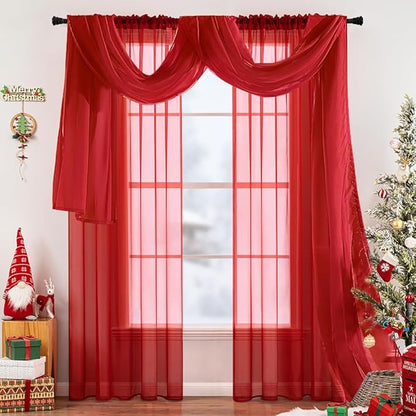 MIULEE Christmas Sheer Window Scarf Valance Extra Long Topper Elegant Swag Curtains Luxury Draping Fabric for Wedding Arch Party Ceremony Canopy Bed Living Room, 37'' x 216'', 1 Panel Red