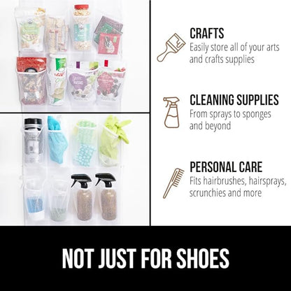 GORILLA GRIP Over the Door Shoe Organizer, 12 Large Breathable Mesh Pockets, Space Saving Hanging Storage Holder, 2 Hook Closet Rack Hanger, Hangs on Closets for Shoes, Accessories, 64H x 9.5W White