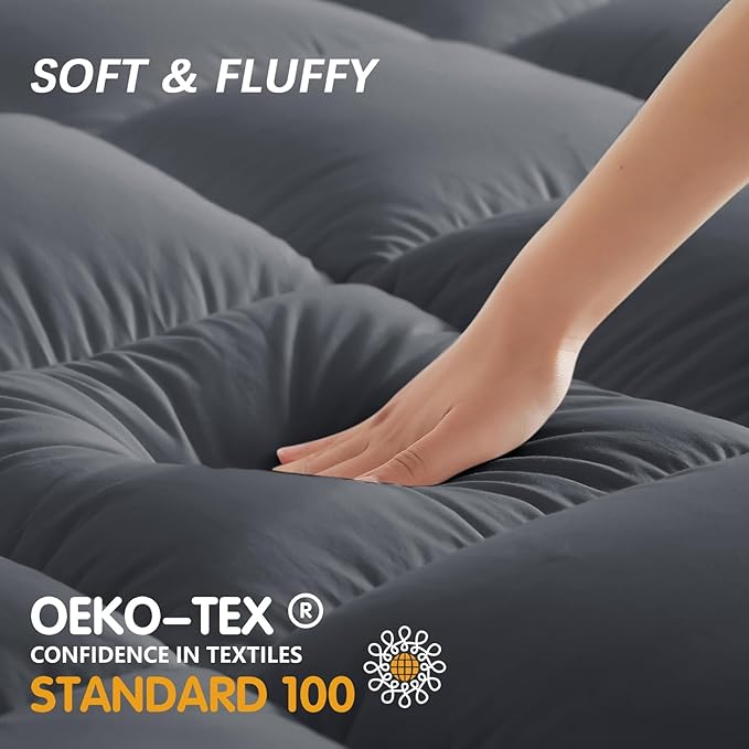 CYMULA Full XL Mattress Topper, Grey Cooling Mattress Pad Cover, Extra Thick Pillow Top Mattress Topper with 8-21 Inch Elasticated Deep Pockets, Plush Down Alternative Fill Mattress Protector