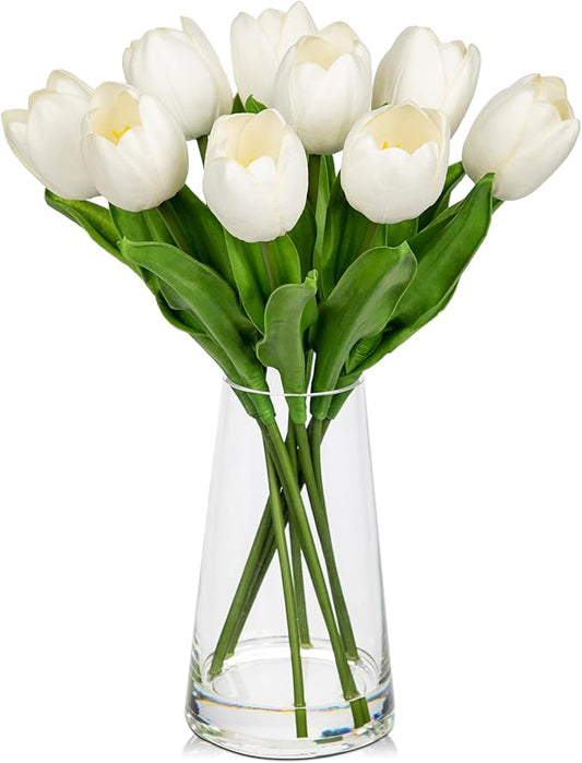 Fake Tulips Artificial Tulip Flowers in Glass Vase with Faux Water, 14.2" Real Touch White Tulip Flowers Spring Décor for Table Centerpiece Home Farmhouse Resto Wedding Decoration