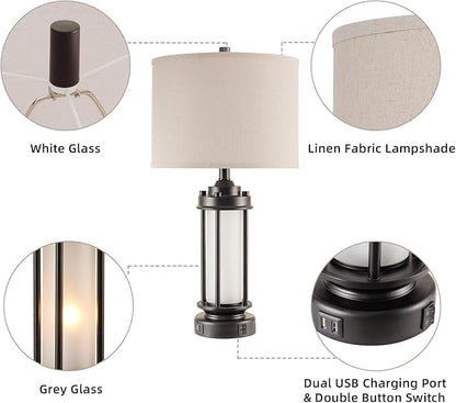 Set of 2 Modern Table Lamps for Living Room Bedroom, 25'' Black Retro Industrial Metal Lamp with Glass Nightlight, Contemporary Desk Lamp for Bedside End Table Office, 4 Bulbs Included