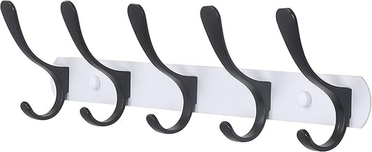 SKOLOO Modern Metal Wall Coat Rack with 5 Hooks - Sturdy Wall Hook Rack for Hanging Coat, Jacket, Clothes, Hat, Black on White