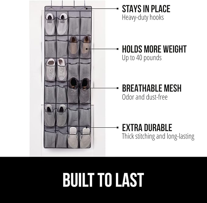GORILLA GRIP Over the Door Shoe Organizer, 2 Pack, 24 Breathable Mesh Pockets, Space Saving Hanging Storage Holder, Closet Rack Hanger Holds Up to 40 lbs, Hangs on Closets, Shoes, Accessories, Gray