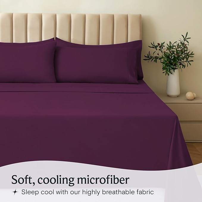 LuxClub 3 PC Sheet Set Sheets Deep Pockets Wrinkle Free Sheets Machine Washable Hotel Bedding Silky Soft - Eggplant Twin