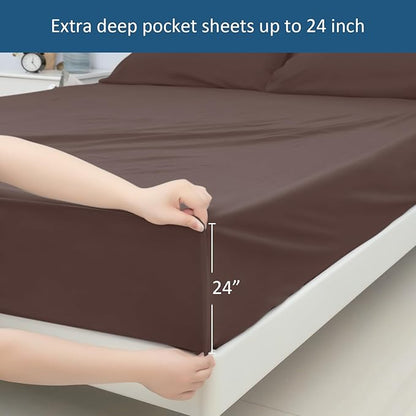 Queen Sheet Set for Air Mattress - Sheets Queen Size Bed Set - 3Pcs Side Storage Pocket Fitted Sheet & Pillowcases Easily Fits 16in to 24in Pillow Top Air Bed Mattress - Brown