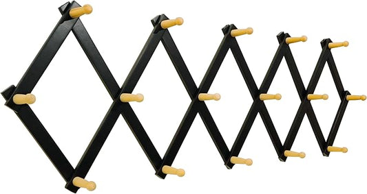 SKOLOO Accordion Wall Hanger with 16 Hooks, Modern Expandable Coat Rack Hat Rack for Wall, Solid Wooden, Natural on Black