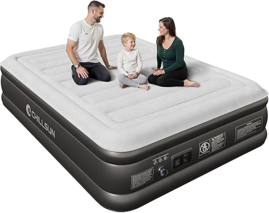 CHILLSUN 2025 Upgraded Queen Air Mattress with Built in Pump, 3 Mins Quick Self-Inflation Blow Up Mattress, 18" Luxury Flocked Top Inflatable Mattress, Airbed for Camping Guests and Home