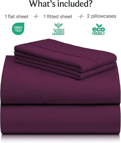 LuxClub 4 PC Full Sheet Set, Breathable Luxury Bed Sheets, Deep Pockets Wrinkle Free Cooling Bed Sheets Machine Washable Hotel Bedding Silky Soft - Eggplant Full
