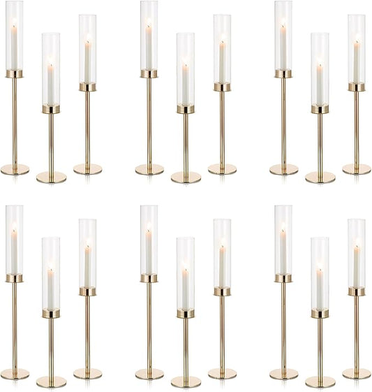NUPTIO Candle Holders for Table Centerpiece: 18 Pcs 23.6 & 21.7 & 19.7 in Tall Gold Hurricane Candlesticks Holder with Glass Cylinder Cover Bulk Taper Candles Sticks Stand for Thanksgiving Party Decor
