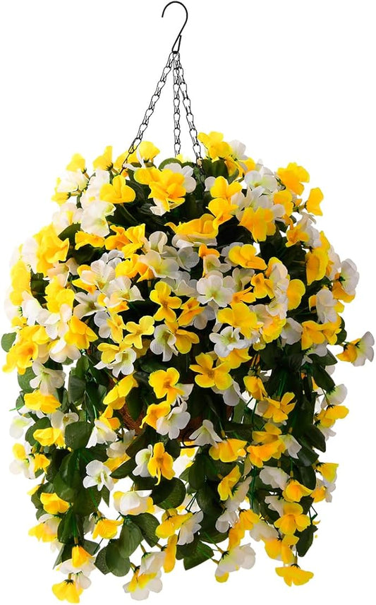 INQCMY Artificial Hanging Flowers Basket for Outdoor Outside Spring Decoration,Faux Silk Begonia in Planter Look Real UV Resistant for Porch Home Patio Garden Yard Decor