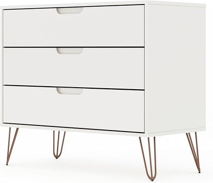 Manhattan Comfort Rockefeller 3 Drawer Dresser for Bedroom Storage, Nursery, Closet, Living Room, Entryway, TV Stand for Screens up to 32 Inches, Anti-Tip Kit Included, Set of 2, White