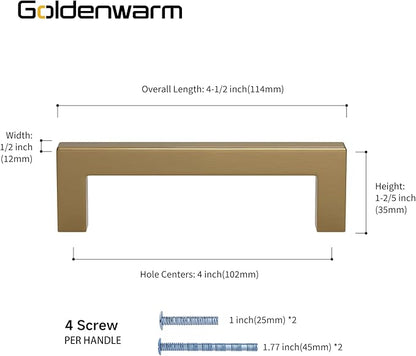 goldenwarm 15 Pack Champagne Bronze Cabinet Pulls Bronze Drawer Pulls 4 Inch Kitchen Cabinet Handles Champagne Gold Drawer Handles T Bar Square Hardware for Kitchen Bedroom Cupboard, 102mm Hole Center