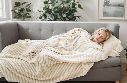 Cuddly Blanket King Size, Fluffy Fleece Blanket, Warm and Soft Blanket with Striped Pattern for King Calking Bed, 90x108 Inches,Cream