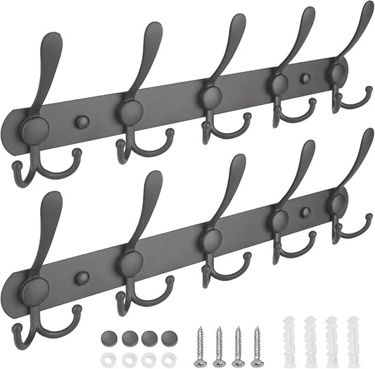 TICONN Wall Mounted Coat Rack, Five Heavy Duty Tri Hooks All Metal Construction for Jacket Coat Hat in Mudroom Entryway (Space Gray, 2-Pack)