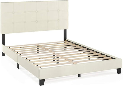Furinno Laval Button Tufted Upholstered Platform Bed Frame, Queen, Linen