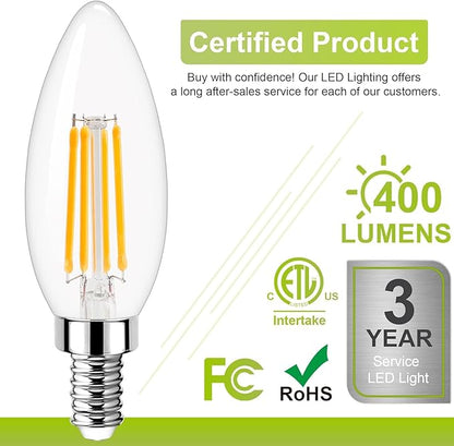 GOLSPARK E12 LED Bulb Dimmable, Candelabra LED Bulb 40W Equivalent, 3000K Warm White, B11 B10 Type B LED Light Bulbs 4W, 400LM, CRI 85+, Clear Filament Candle Light Bulbs Small Base, 6 Pack