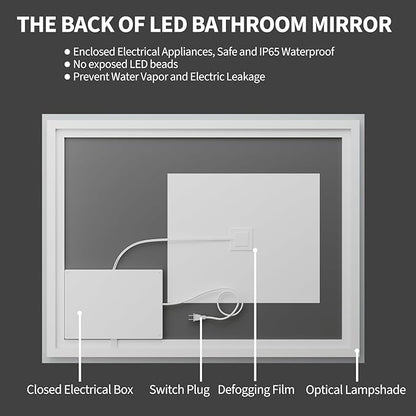 Koonmi 36x48 LED Bathroom Mirror, Backlit + Front Lit, LED Bathroom Mirror with Lights for Wall, 3 Colors, Anti-Fog, Dimmable Brightness, Memory Function, Tempered Glass