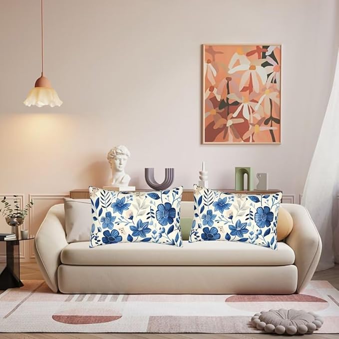 Outdoor Pillows Blue Pillow Covers 16x31 Inch Set of 2 Throw Pillow Covers, Scandinavian Throw Pillows, Lumbar Pillows Cushion Covers Decorative Pillow Covers for Couch Garden Patio Furniture J334