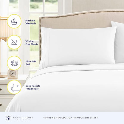 Twin XL Sheets - Breathable Luxury Sheets with Full Elastic & Secure Corner Straps Built In - 1800 Supreme Collection Extra Soft Deep Pocket Bedding Set, Sheet Set, Twin XL, White
