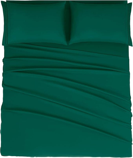 Mejoroom Queen Size Sheet Set - Hotel Luxury 1800 Bedding Sheets & Pillowcases - Deep Pocket Fitted Sheet, Soft, Breathable, Wrinkle & Fade Resistant - 4 Piece (Queen,Emerald Green)