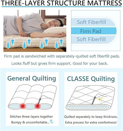 EMOOR Japanese Futon Mattress CLASSE Twin (39x79in) Made in Japan White, Foldable Floor Sleeping Bed Tatami Mat