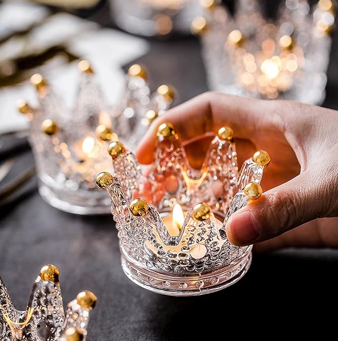 Vixdonos Crown Glass Tealight Candle Holder Set of 12 Votive Candle Holders for Wedding, Party and Home Decor (Gold Tips)