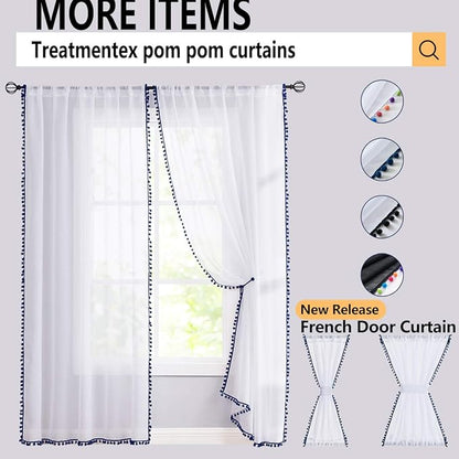 Treatmentex Pompom Sheer White Curtains for Living Room 84" Long Linen Textured Window Curtain Draperies for Bedroom 52" W, 1 Pair