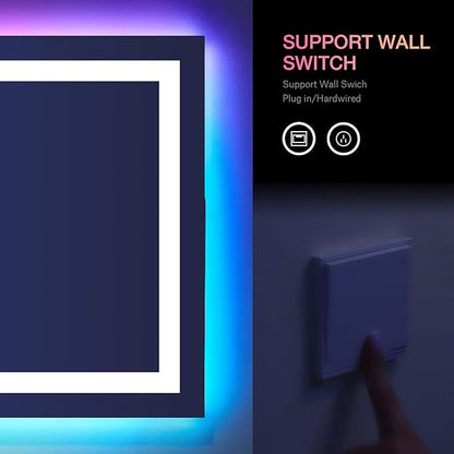 LOAAO 55X30 Inch RGB LED Bathroom Mirror with Lights, Anti-Fog, Dimmable Lighted Bathroom Vanity Mirror, Colorful Multiple Light Modes, RGB Backlit + Front Light, Memory Function