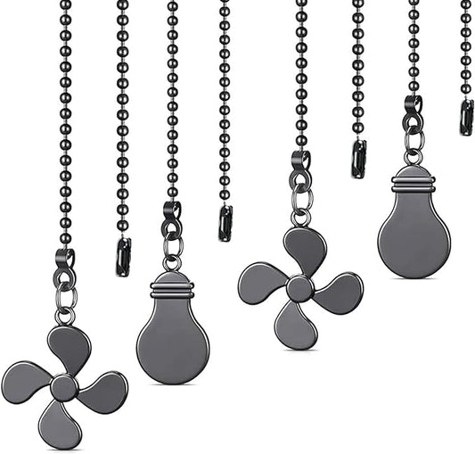 Ceiling Fan Pull Chain Set - 4 Piece Bulb and Fan Pattern Extension Pendant, 12 Inch Extender With Ball Connector (Gun Metal)