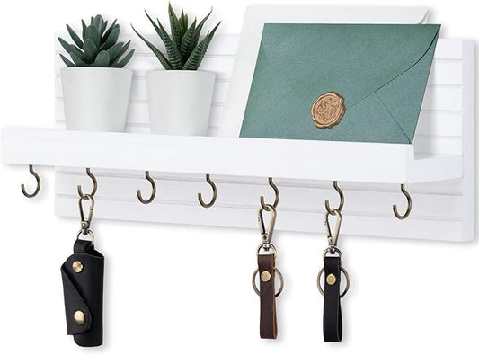 Decorative Key Holder for Wall with Shelf, Entryway Shelf with Hooks Holds Leashes, Jackets and Glasses – Sturdy Wood Keyholder Entrance Hanger with Mounting Hardware (White, Large)