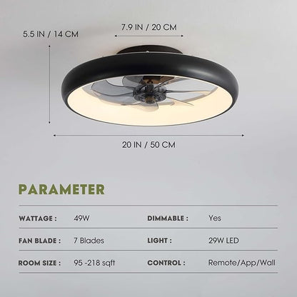 Modern Black 20" Flush Mount Ceiling Fan with Lights, 6 Wind Speeds, LED, Bedroom, Kitchen