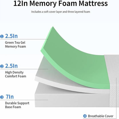 PayLessHere 12 Inch Twin XL Green Tea Memory Foam Mattress Cooling Gel Infused Mattress,Medium Firm Mattresses Fiberglass Free/CertiPUR-US Certified/Bed-in-a-Box/Pressure Relieving Twin XL Size,White