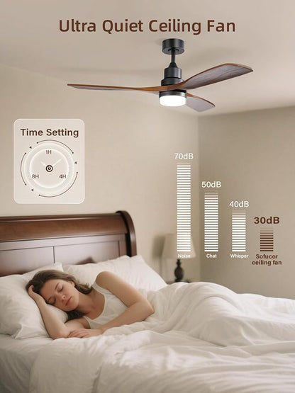 Sofucor 52 Inch Smart Ceiling Fans with Lights and Alexa/Google Assistant/APP/Remote Control-Modern Solid Wood Outdoor Walnut 3 Blades Ceiling Fan for Bedroom Living Room Farmhouse Patio, Brown Black