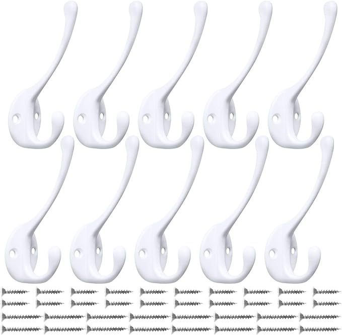 10 Pack Heavy Duty Dual Coat Hooks Wall Mounted with 20 Screws Retro Double Hooks Utility Black Hooks for Coat, Scarf, Bag, Towel, Key, Cap, Cup, Hat (White)