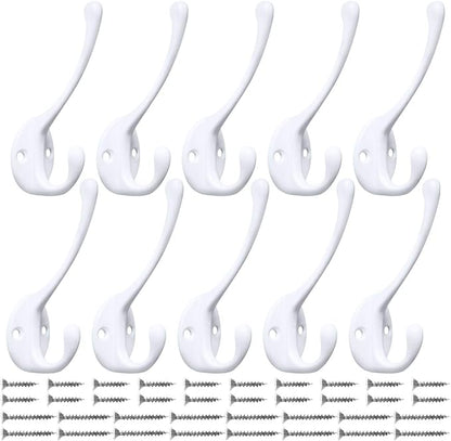 10 Pack Heavy Duty Dual Coat Hooks Wall Mounted with 20 Screws Retro Double Hooks Utility Black Hooks for Coat, Scarf, Bag, Towel, Key, Cap, Cup, Hat (White)