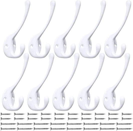 10 Pack Heavy Duty Dual Coat Hooks Wall Mounted with 20 Screws Retro Double Hooks Utility Black Hooks for Coat, Scarf, Bag, Towel, Key, Cap, Cup, Hat (White)
