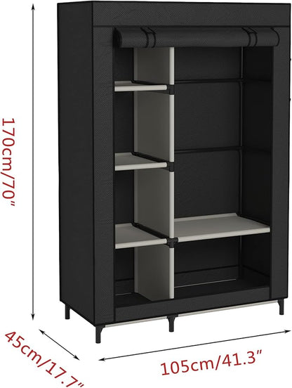 Buzowruil Canvas Wardrobe Portable Closet Wardrobe Clothes Storage with 6 Shelves and Hanging Rail,Non-Woven Fabric, Quick and Easy Assembly,Black