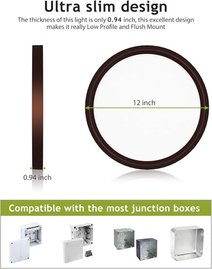 hepside 1PACK Flush Mount LED Ceiling Light Fixture Oil Rubbed Bronze, 12Inch 28W, Dimmable 3000K-4500K-6000K 3 Color Ceiling Lamp 3200LM Low Profile Ceiling Light for Kitchen Bedroom Hallway