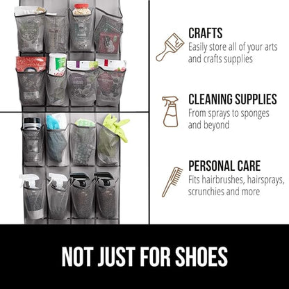 GORILLA GRIP Over the Door Shoe Organizer, 24 Large Breathable Mesh Pockets, Space Saving Hanging Storage Holder, Closet Rack Hanger Holds Up to 40 lbs, Hangs on Closets for Shoes, Accessories, Gray