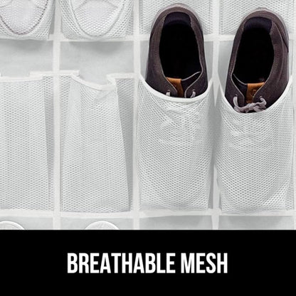 GORILLA GRIP Over the Door Shoe Organizer, 12 Large Breathable Mesh Pockets, Space Saving Hanging Storage Holder, 2 Hook Closet Rack Hanger, Hangs on Closets for Shoes, Accessories, 64H x 9.5W White
