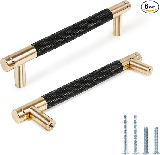 Knurled Cabinet Pulls 6 Pack, 6 Inch Long Cabinet Handles Metal Door Pulls, Kitchen Drawer Pull Knurled Dresser Handles - 5" Hole to Hole, Black & Gold