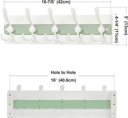 SKOLOO Coastal Wall Mounted Coat Rack - 17" Beach House Entryway Wooden Coat Hook with 5 Hooks for Hanging Coats, Hats or Towels, Oceanfront Cottage Core Collection, White & Green