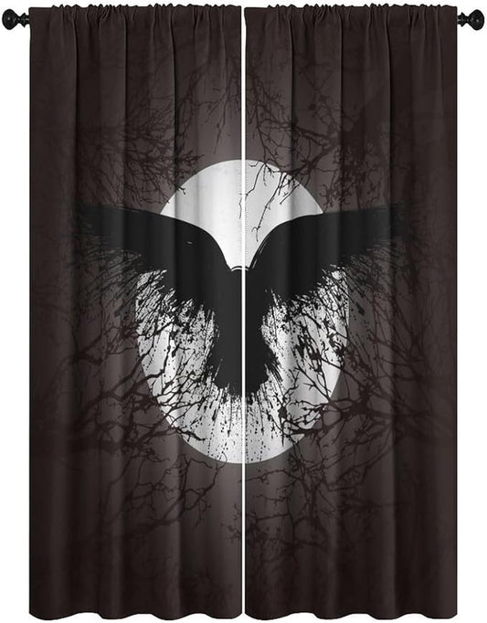 Cool Raven Print Curtains for Bedroom - Vintage Nordic Viking Theme Dead Tree Crow Full Moon Window Treatment,Energy Saving Thermal Insulated Rod Pocket Bedroom Blackout Curtains 2 Panels 84L x 26W