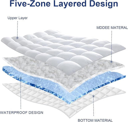CYMULA Short Queen Mattress Topper Waterproof, Cooling Topper for Mattress, Thick Mattress Pad Cover Pillow Top Mattress Topper, Plush Down Alternative Fill Mattress Protector