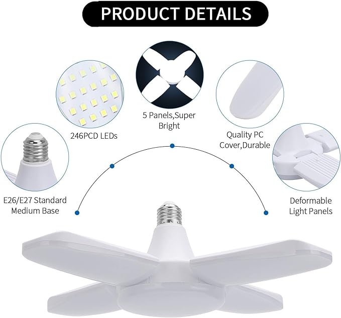 (2 Pack) LED Garage Lights, 60W Trilights Ceiling, High Low Bay Deformable Adjustable 4 Led Light Bulbs 6000LM 6000K, Screw in Tribright Garage Lighting Fixture,CRI80 Daylight