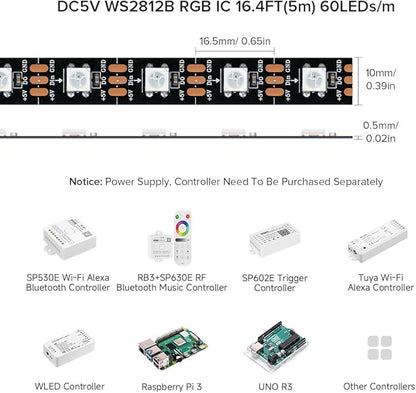 BTF-LIGHTING WS2812B RGB ECO LED Strip, Chasing Effects 5050SMD Individually Addressable 16.4FT 60Pixels/m 300Pixels Flexible Dream Color IP65 for Bedroom DIY Projects DC5V(No Adapter or Controller)