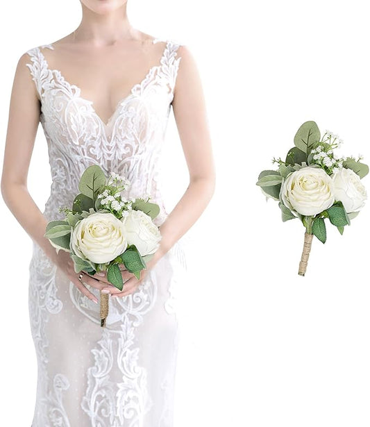 SEMONONIA Wedding Bridesmaid Bouquet Flower 1 Pack - Ivory White Artificial Flowers Bouquet Rustic Small Floral Centerpieces for Marriage Proposal Party Anniversary Dining Table Decorations -7inch